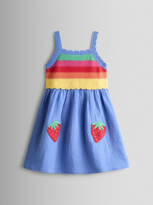 Dsiney Kidz - JoJo Maman Bébé Blue Rainbow Strawberry Appliqué Pocket Knit Cheesecloth Combo Dress image 1