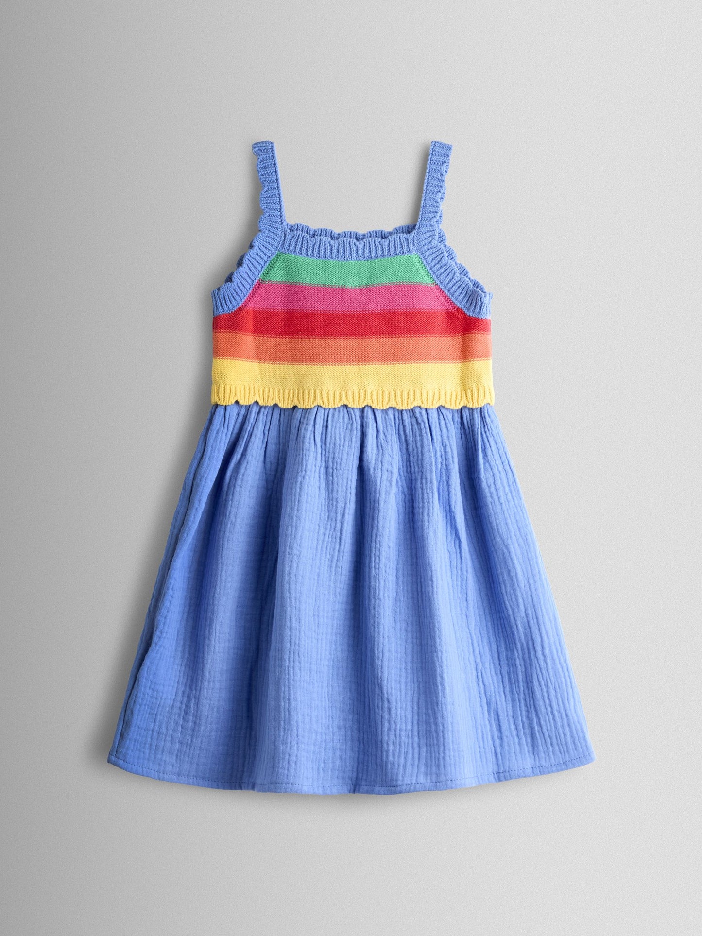 JoJo Maman Bébé Blue Rainbow Strawberry Appliqué Pocket Knit Cheesecloth Combo Dress image 3