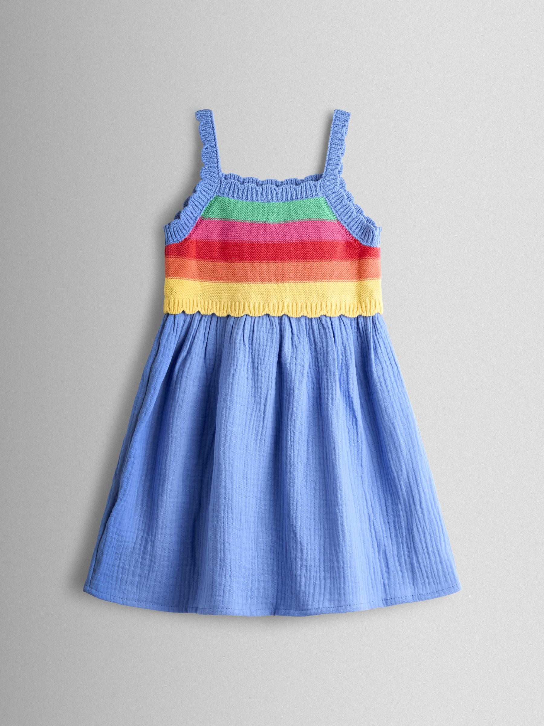 JoJo Maman Bébé Blue Rainbow Strawberry Appliqué Pocket Knit Cheesecloth Combo Dress image 3
