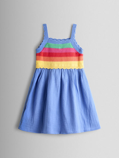 JoJo Maman Bébé Blue Rainbow Strawberry Appliqué Pocket Knit Cheesecloth Combo Dress image 3