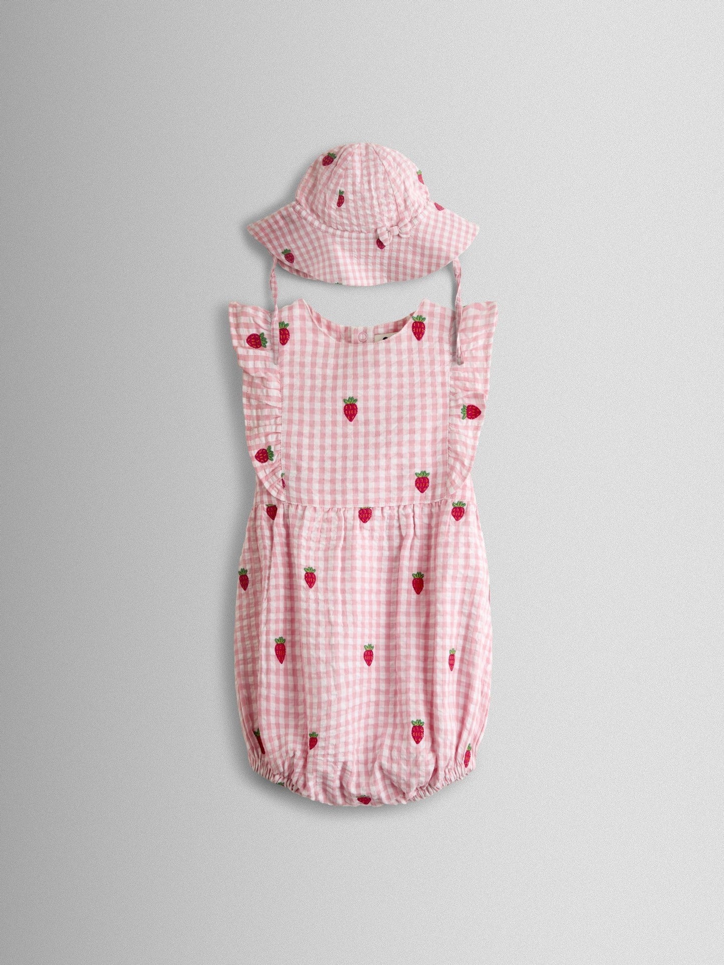 JoJo Maman Bébé Pink Strawberry Embroidered Frill Romper & Hat Set image 1
