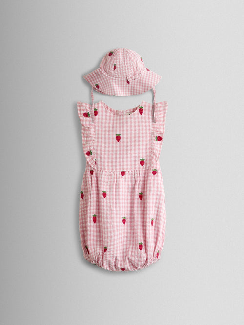 JoJo Maman Bébé Pink Strawberry Embroidered Frill Romper & Hat Set image 1