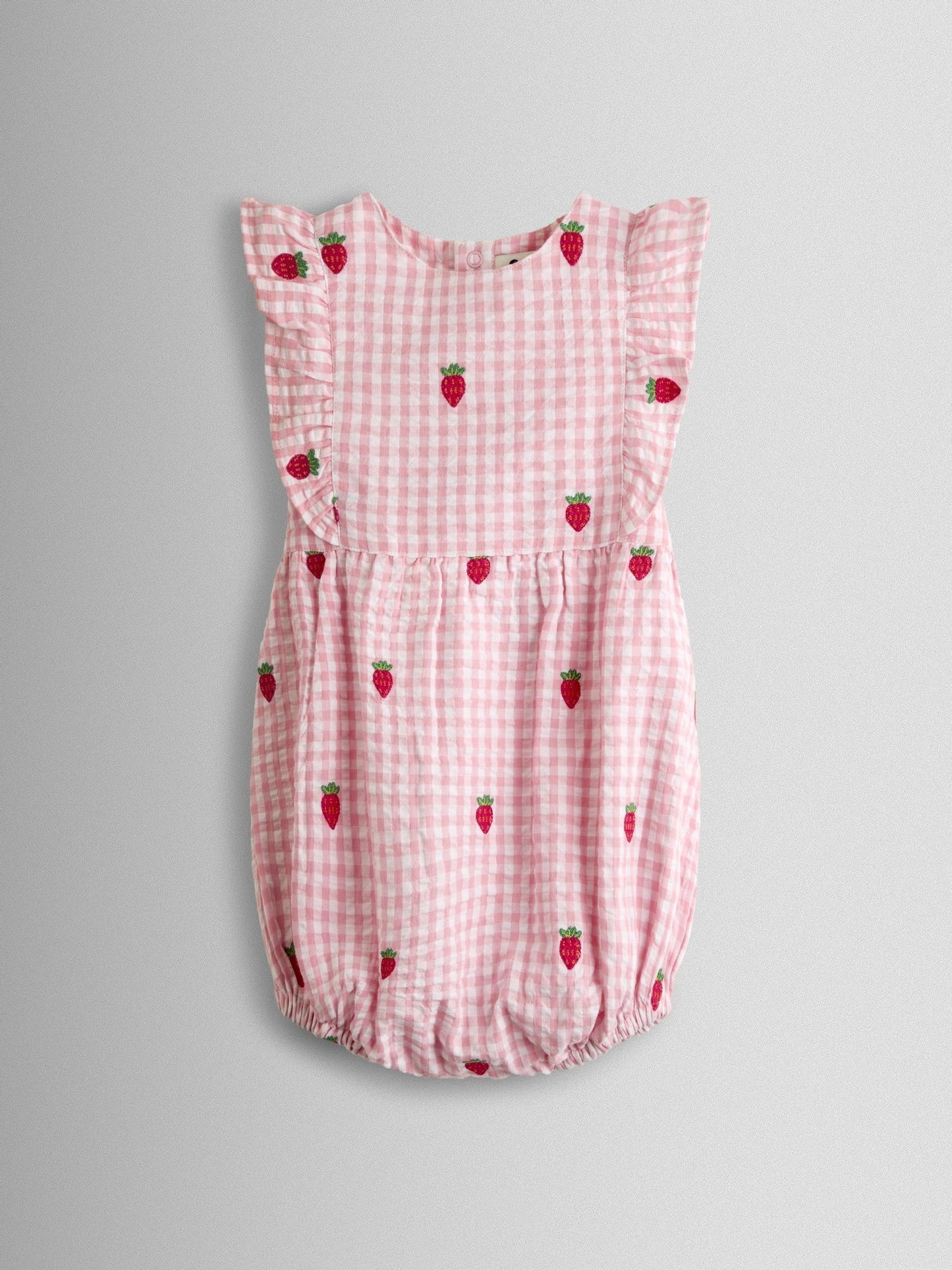 JoJo Maman Bébé Pink Strawberry Embroidered Frill Romper & Hat Set image 2