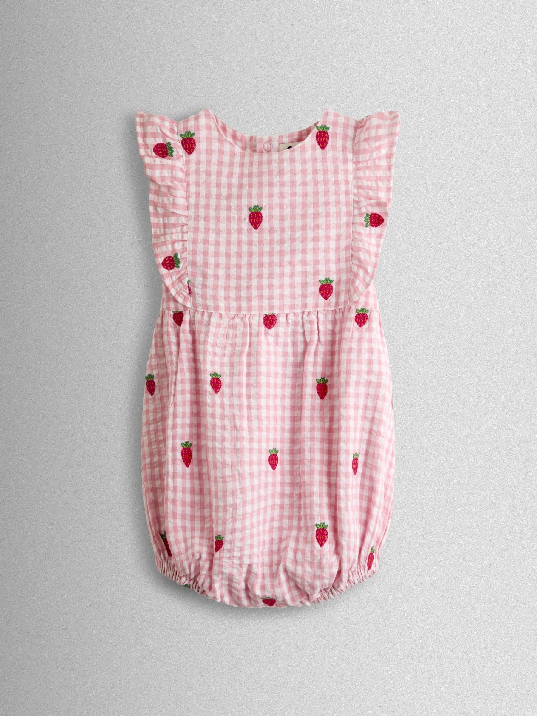JoJo Maman Bébé Pink Strawberry Embroidered Frill Romper & Hat Set image 2