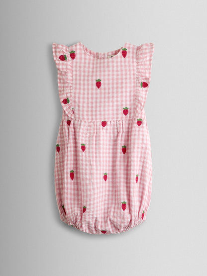 JoJo Maman Bébé Pink Strawberry Embroidered Frill Romper & Hat Set image 2
