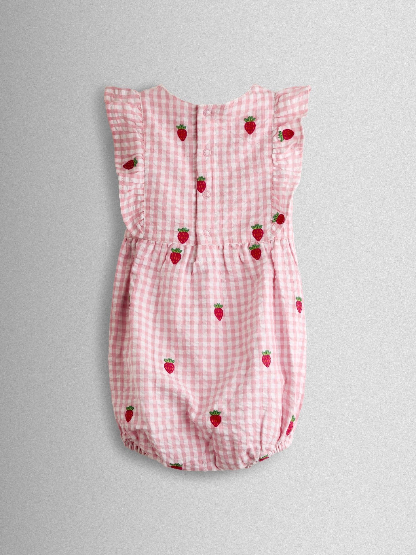 JoJo Maman Bébé Pink Strawberry Embroidered Frill Romper & Hat Set image 3