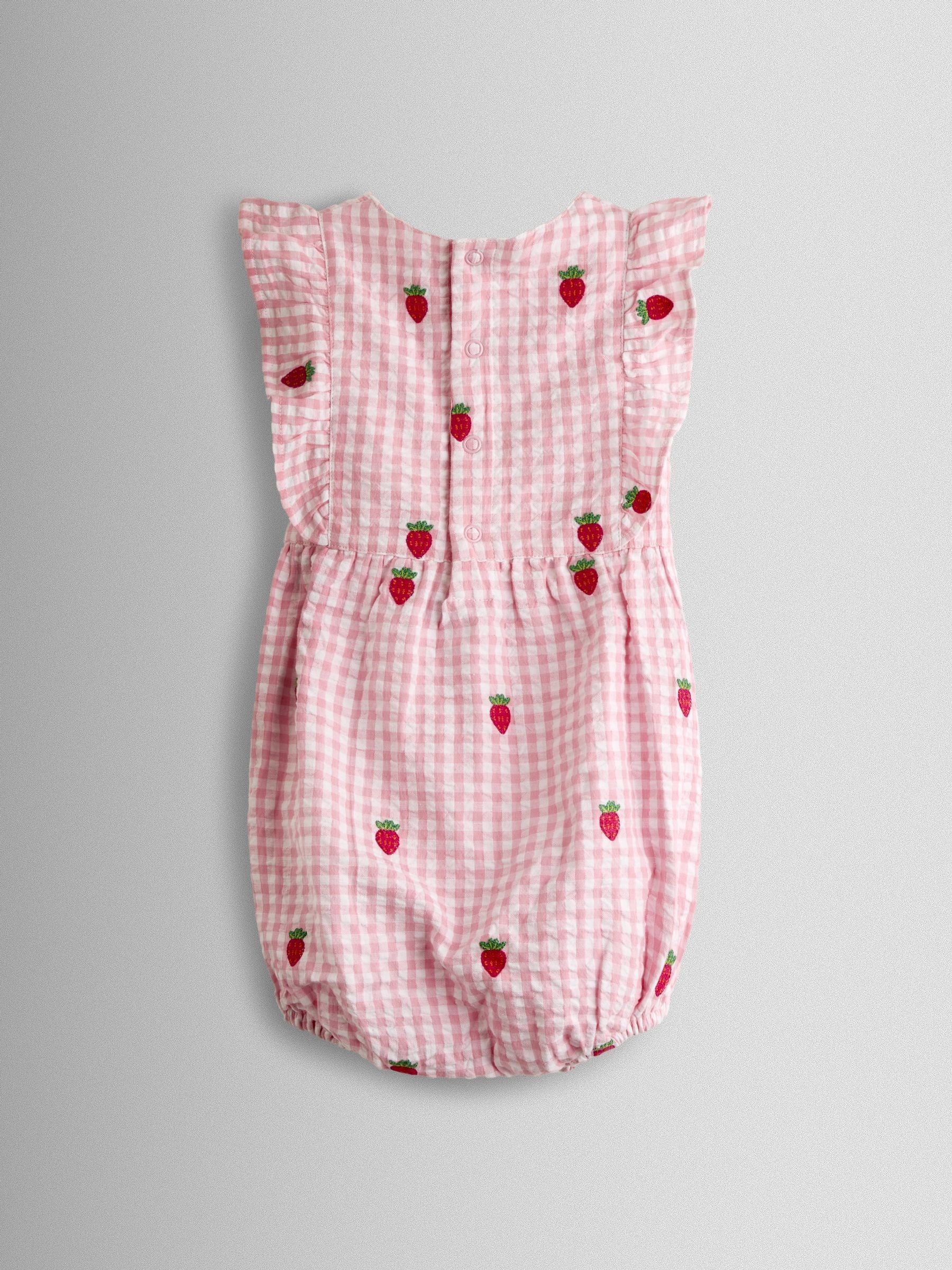 JoJo Maman Bébé Pink Strawberry Embroidered Frill Romper & Hat Set image 3