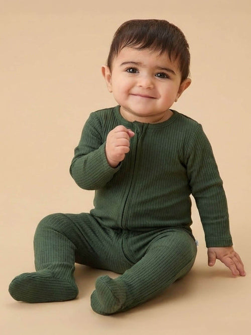 MORI Pine Green Stretch Supersoft 2 Way Zip Sleepsuit image 1