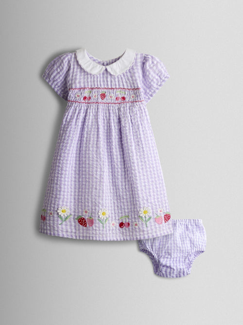 JoJo Maman Bébé Lilac Purple Cherry Appliqué Smocked Dress image 1