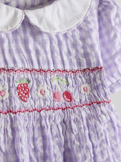 Dsiney Kidz - JoJo Maman Bébé Lilac Purple Cherry Appliqué Smocked Dress image 6