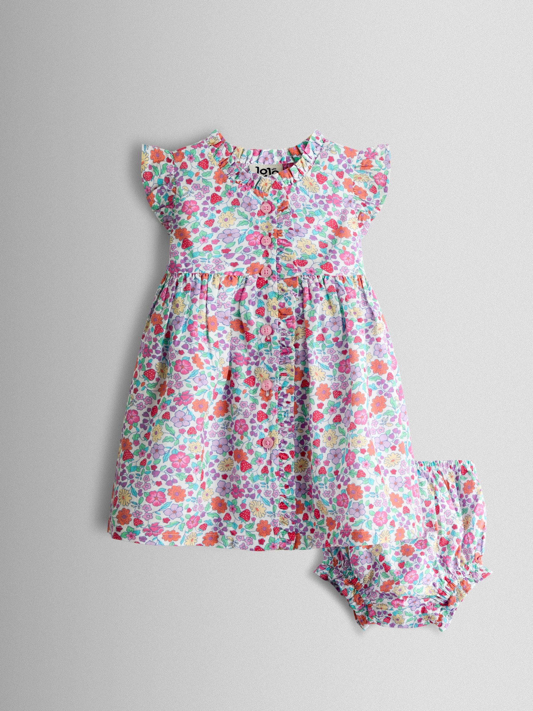 JoJo Maman Bébé Pink Strawberry Floral Frill Shoulder Button Through Baby Dress image 1