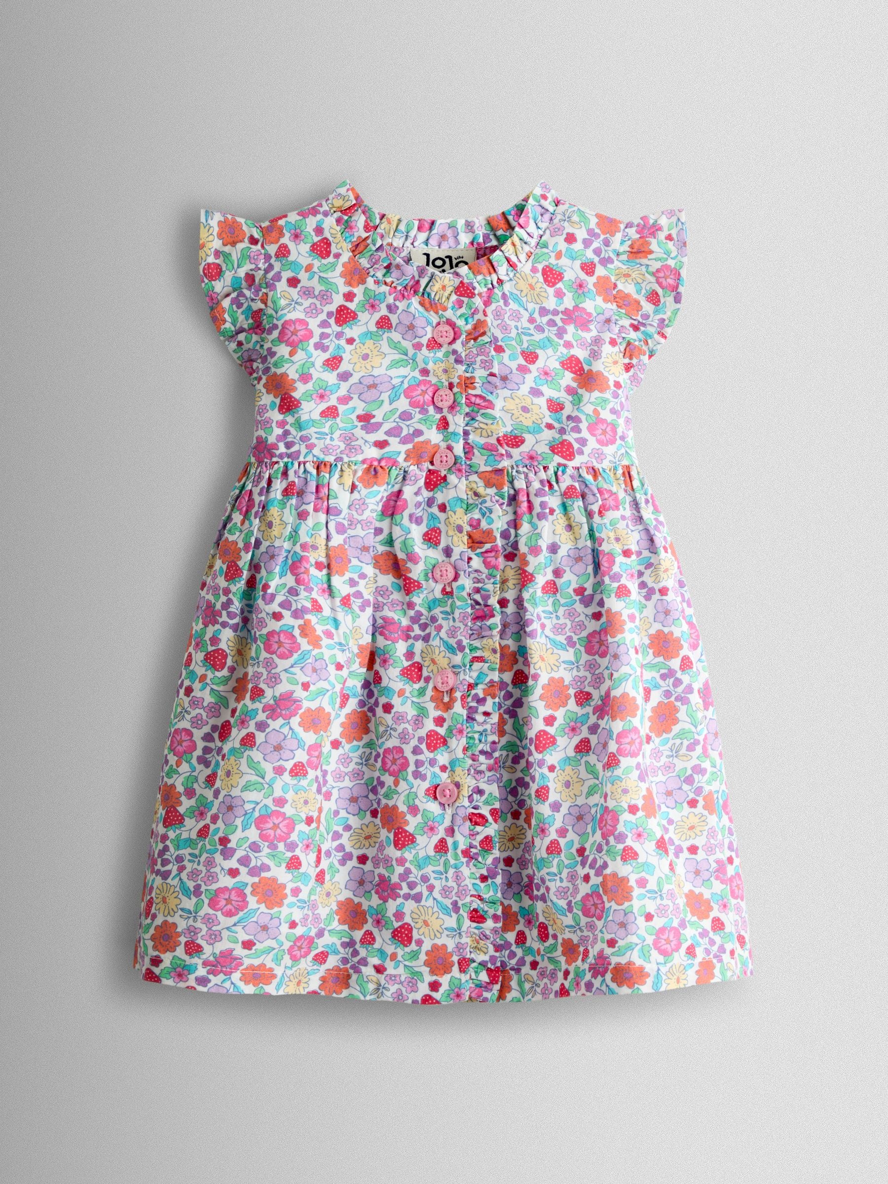 JoJo Maman Bébé Pink Strawberry Floral Frill Shoulder Button Through Baby Dress image 2