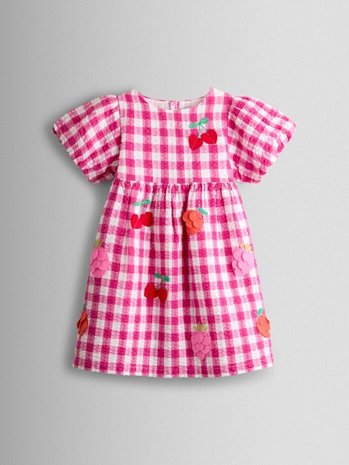 Dsiney Kidz - JoJo Maman Bébé Fuchsia Pink Gingham Fruit Appliqué Puff Sleeve Dress image 1
