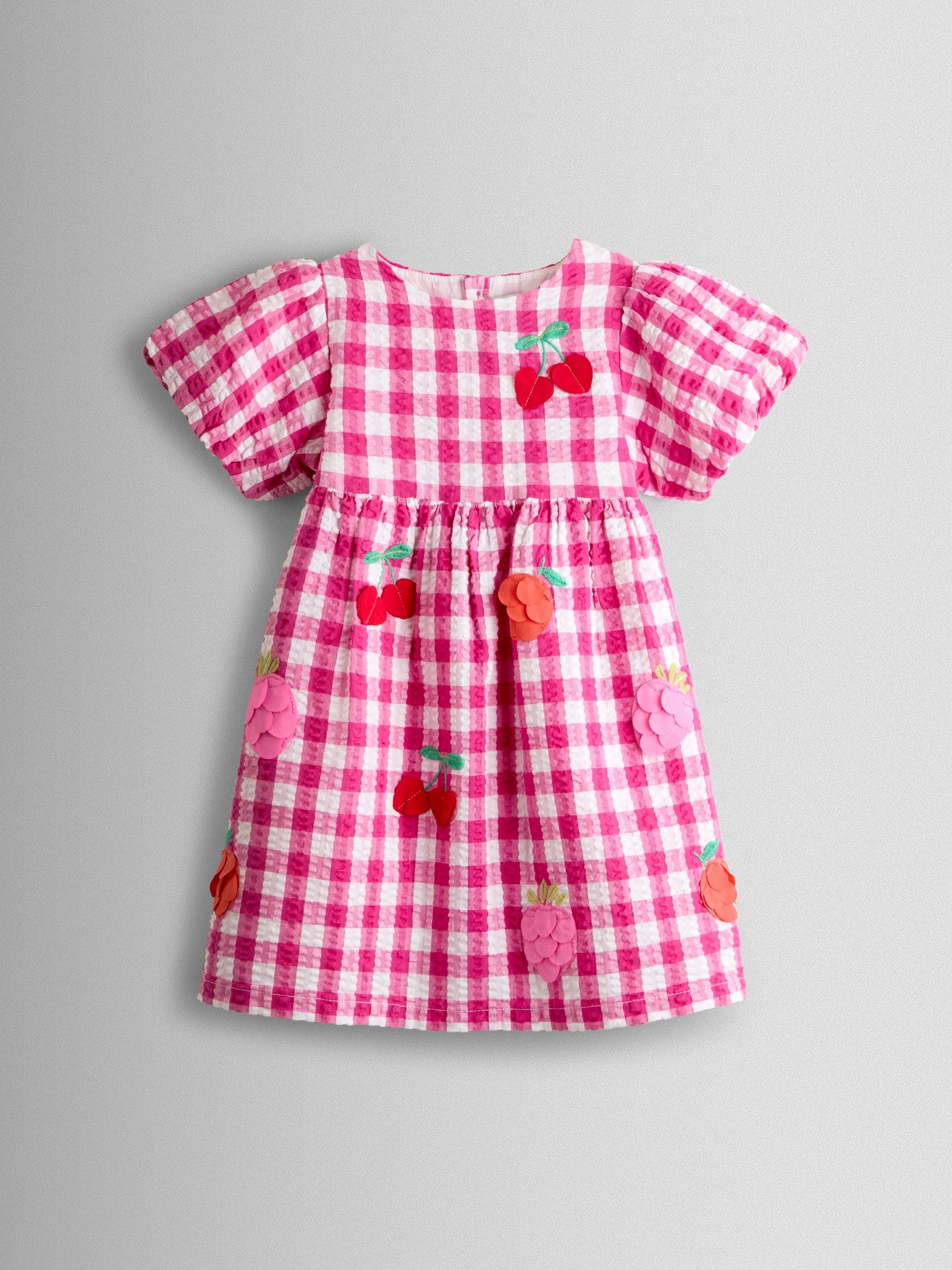 JoJo Maman Bébé Fuchsia Pink Gingham Fruit Appliqué Puff Sleeve Dress image 1