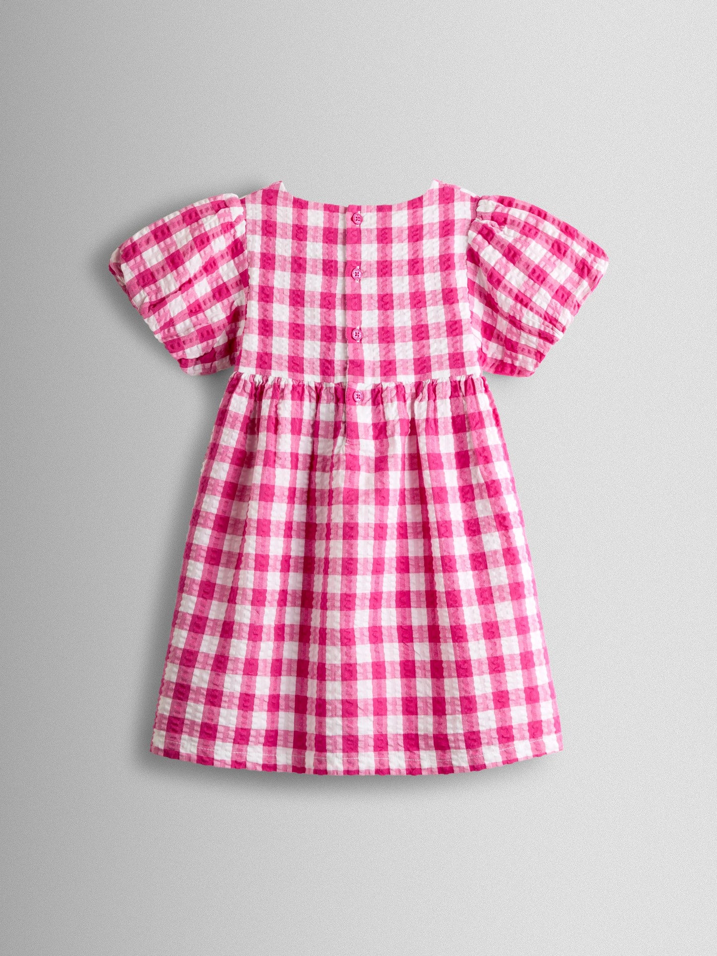 JoJo Maman Bébé Fuchsia Pink Gingham Fruit Appliqué Puff Sleeve Dress image 2