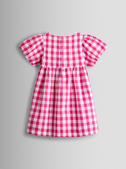 JoJo Maman Bébé Fuchsia Pink Gingham Fruit Appliqué Puff Sleeve Dress image 2