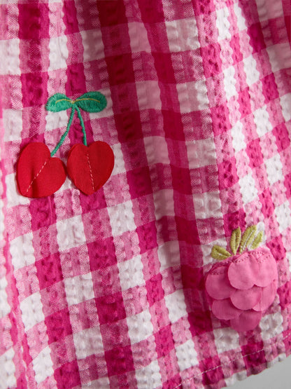 JoJo Maman Bébé Fuchsia Pink Gingham Fruit Appliqué Puff Sleeve Dress image 3