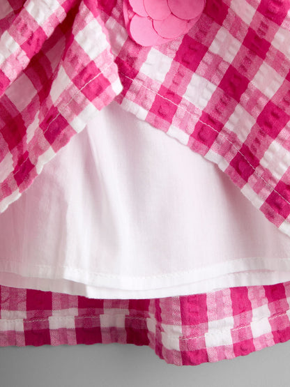 JoJo Maman Bébé Fuchsia Pink Gingham Fruit Appliqué Puff Sleeve Dress image 4