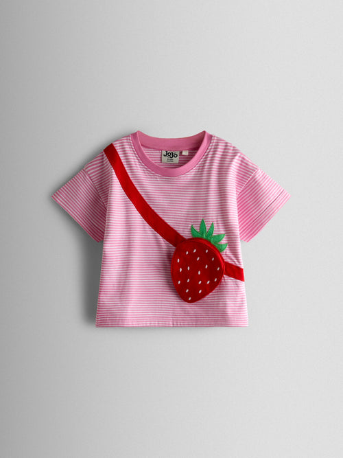 JoJo Maman Bébé Pink Strawberry Bag Appliqué T- Shirt image 1