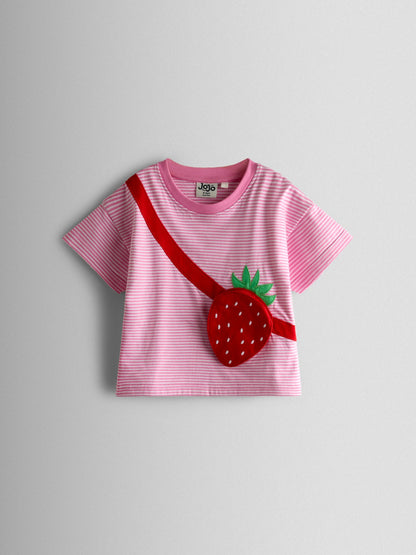 JoJo Maman Bébé Pink Strawberry Bag Appliqué T- Shirt image 1