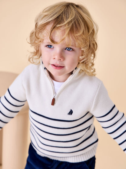 JoJo Maman Bébé Cream Navy Stripe Half Zip Knitted Jumper image 1