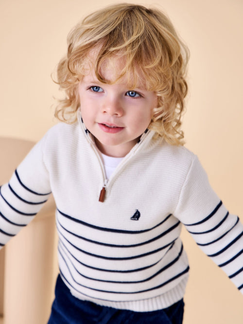 JoJo Maman Bébé Cream Navy Stripe Half Zip Knitted Jumper image 1