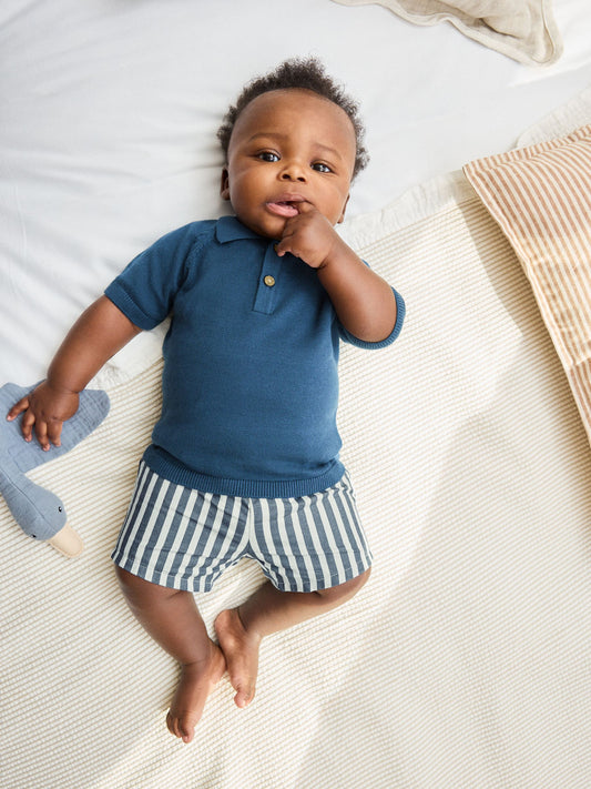 Navy Blue Knitted Top and Woven Shorts Baby Set (0mths-2yrs) image 1