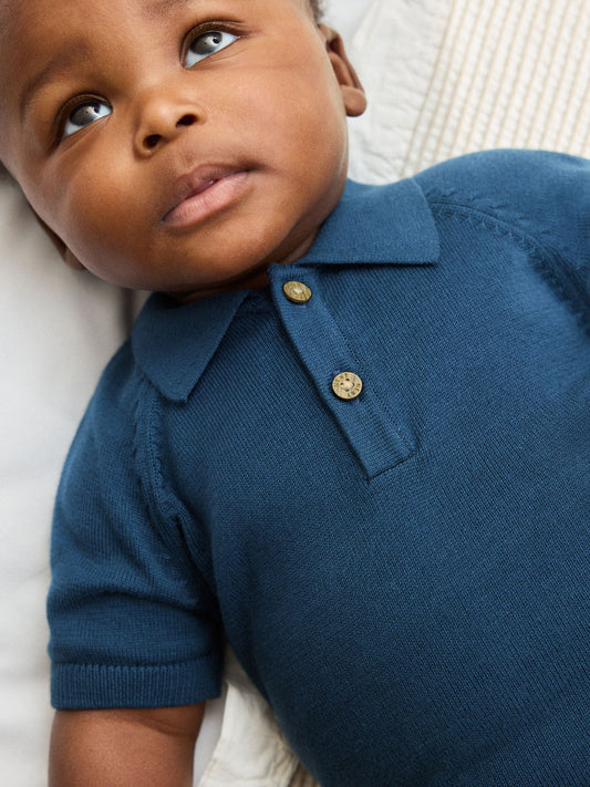 Navy Blue Knitted Top and Woven Shorts Baby Set (0mths-2yrs) image 2