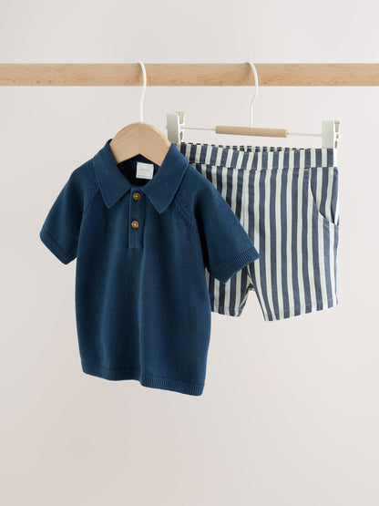 Navy Blue Knitted Top and Woven Shorts Baby Set (0mths-2yrs) image 4