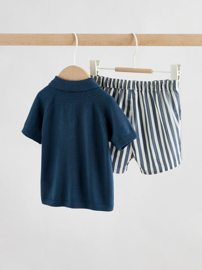 Navy Blue Knitted Top and Woven Shorts Baby Set (0mths-2yrs) image 5
