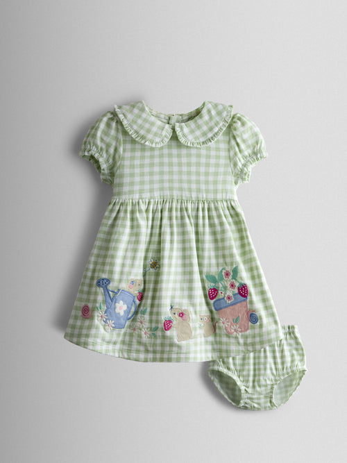 Dsiney Kidz - JoJo Maman Bébé Green Garden Mouse Appliqué Frill Collar Baby Dress image 1