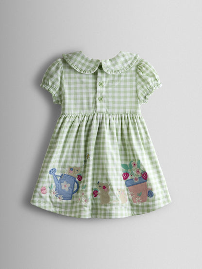 JoJo Maman Bébé Green Garden Mouse Appliqué Frill Collar Baby Dress image 3