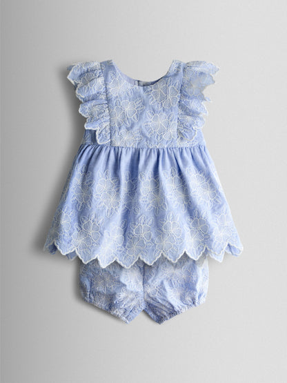 JoJo Maman Bébé Blue Broderie Dress and Bloomers Set image 1