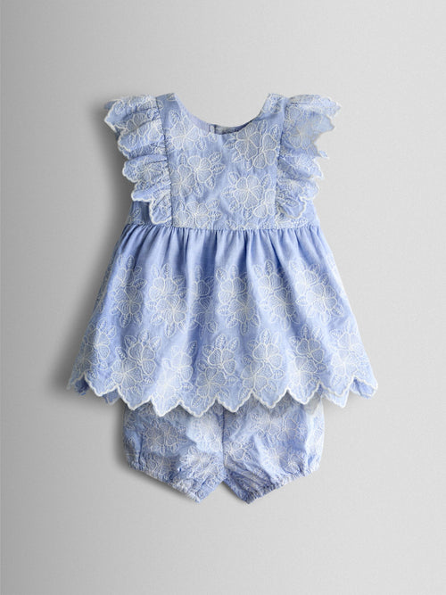JoJo Maman Bébé Blue Broderie Dress and Bloomers Set image 1