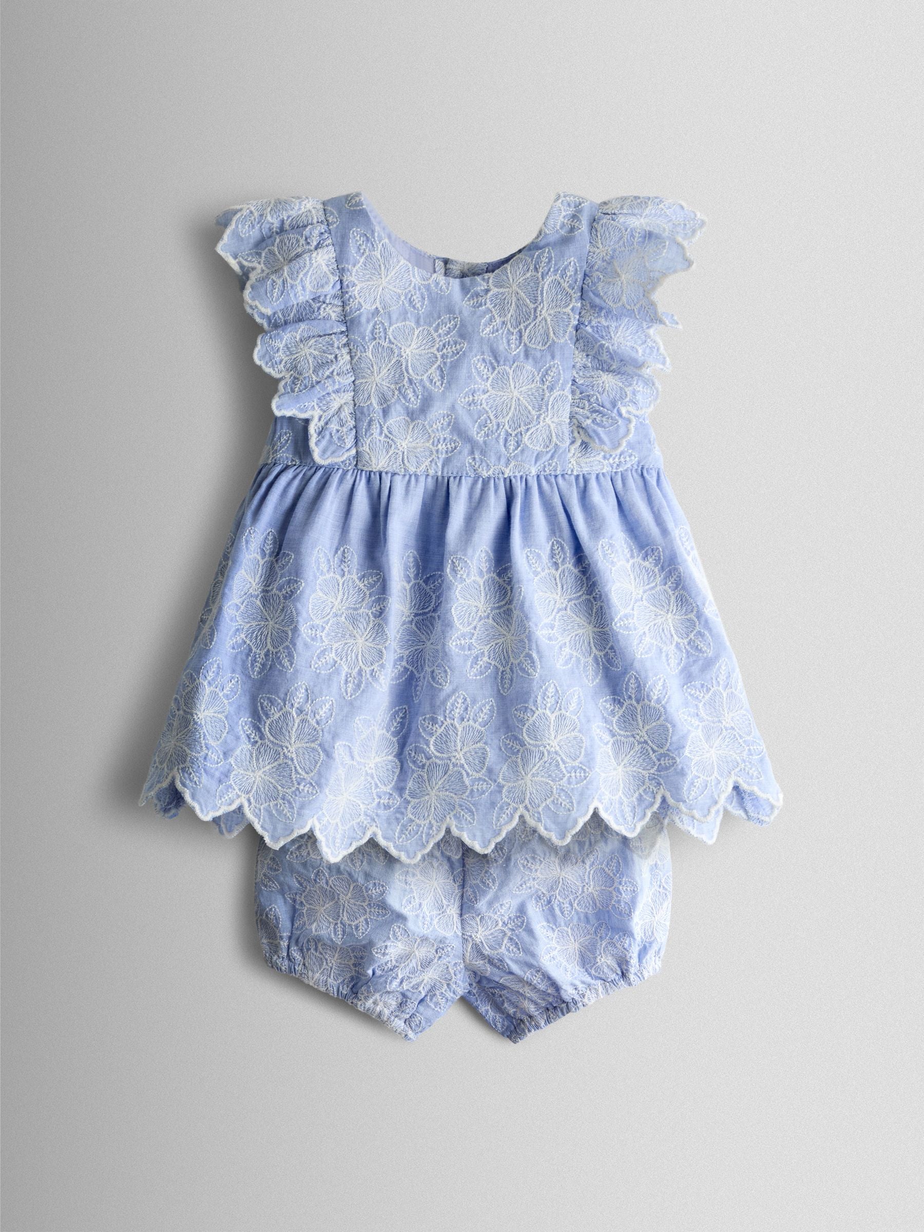 JoJo Maman Bébé Blue Broderie Dress, Bloomers & Headband Set image 1