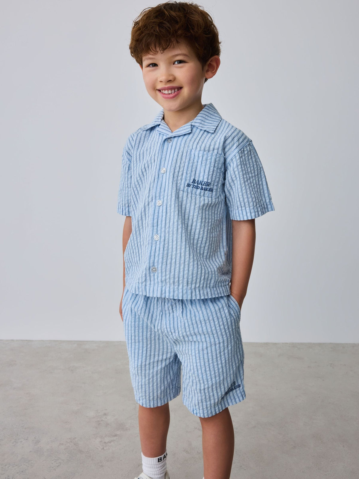 Dsiney Kidz - Baker by Ted Baker Textured Blue Stripe Shirt and Short Set image 1