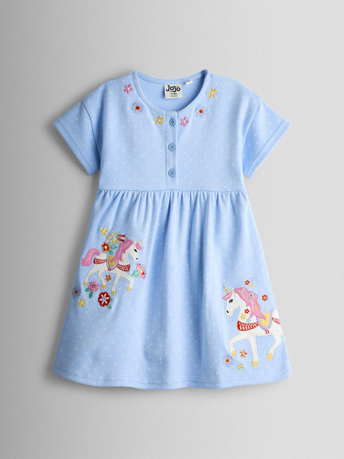 JoJo Maman Bébé Cornflower Blue Unicorn Appliqué Drop Shoulder Button Front Dress image 1