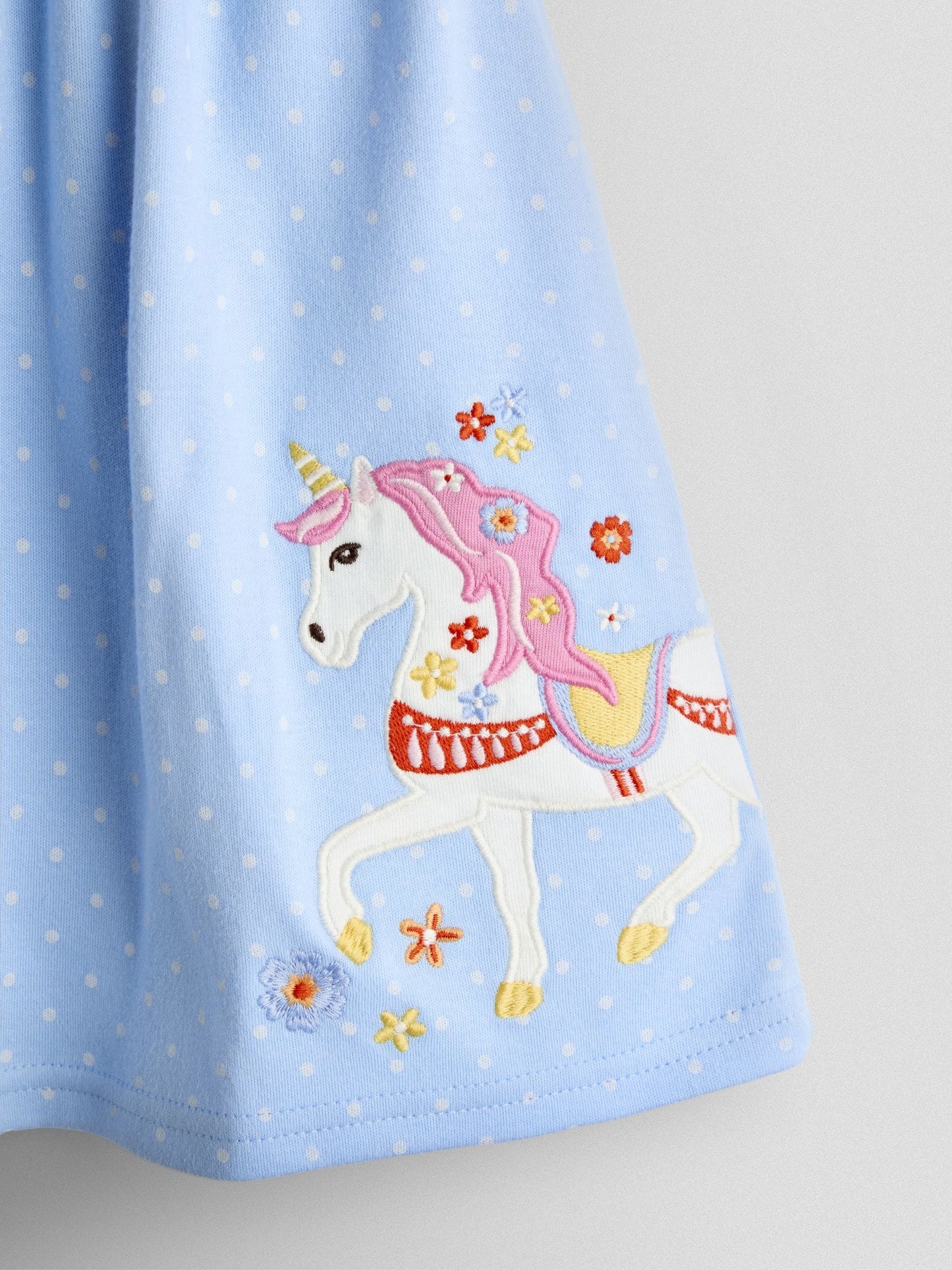 JoJo Maman Bébé Cornflower Blue Unicorn Appliqué Drop Shoulder Button Front Dress image 3