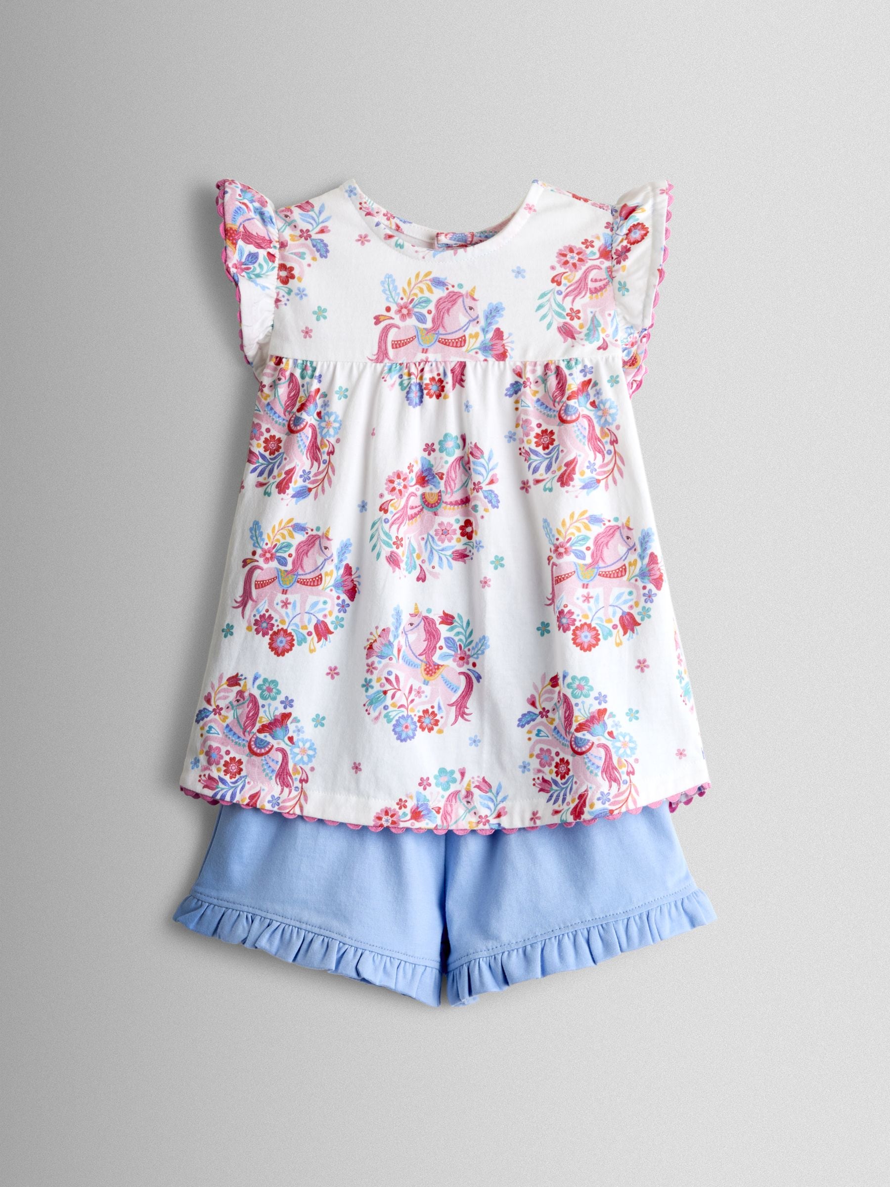 JoJo Maman Bébé Light Blue Unicorn Frill Sleeve Top & Short Set image 1