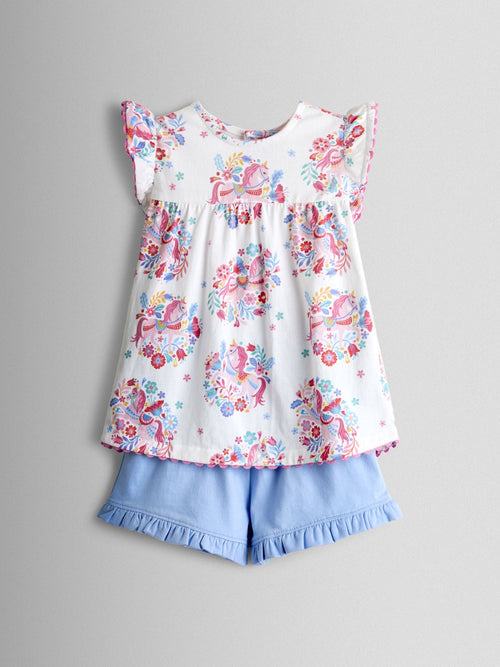 JoJo Maman Bébé Light Blue Unicorn Frill Sleeve Top & Short Set image 1