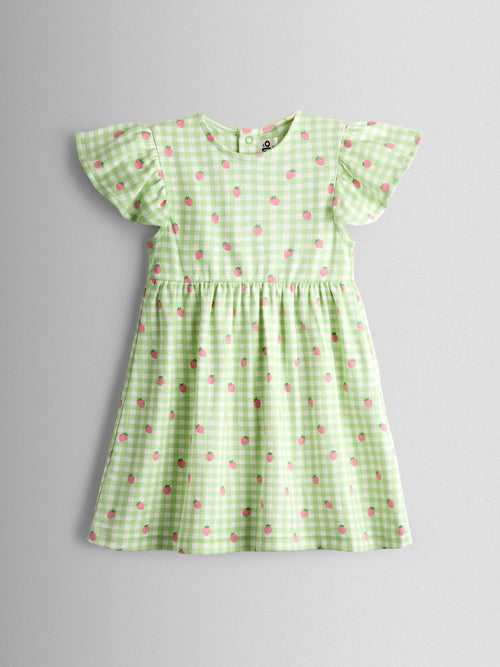 JoJo Maman Bébé Green Gingham Strawberry Print Flutter Sleeve Dress image 1