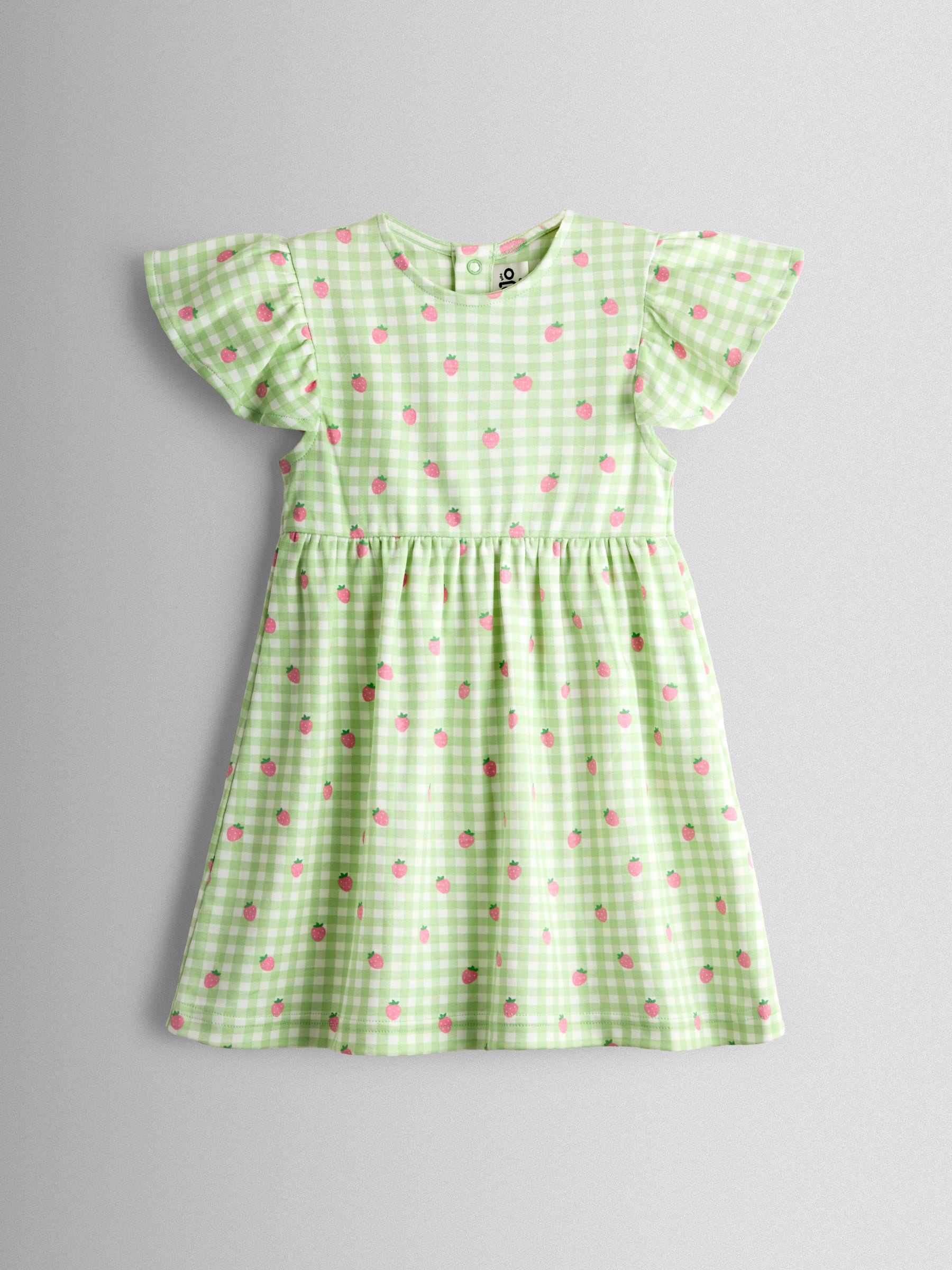 JoJo Maman Bébé Green Gingham Strawberry Print Flutter Sleeve Dress image 1