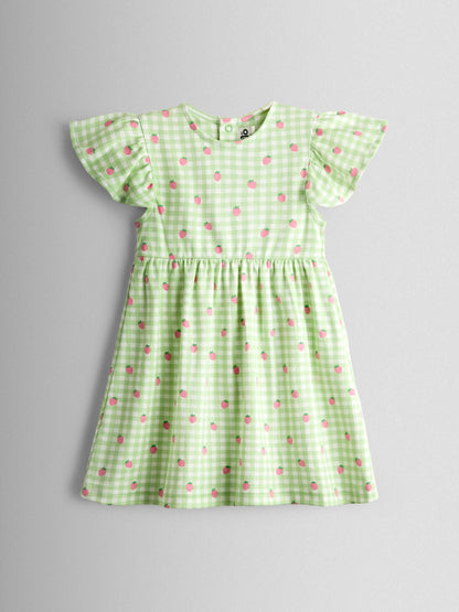 JoJo Maman Bébé Green Gingham Strawberry Print Flutter Sleeve Dress image 1