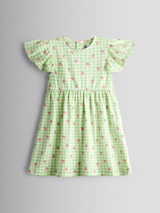 JoJo Maman Bébé Green Gingham Strawberry Print Flutter Sleeve Dress image 1