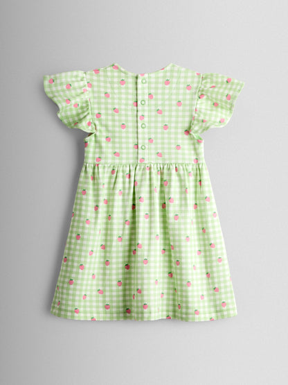 JoJo Maman Bébé Green Gingham Strawberry Print Flutter Sleeve Dress image 2