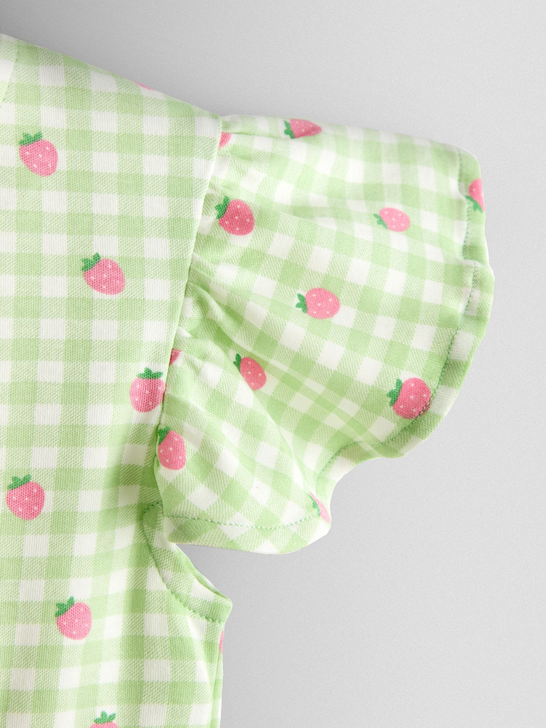 JoJo Maman Bébé Green Gingham Strawberry Print Flutter Sleeve Dress image 3