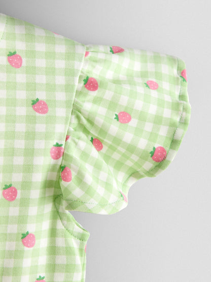 JoJo Maman Bébé Green Gingham Strawberry Print Flutter Sleeve Dress image 3