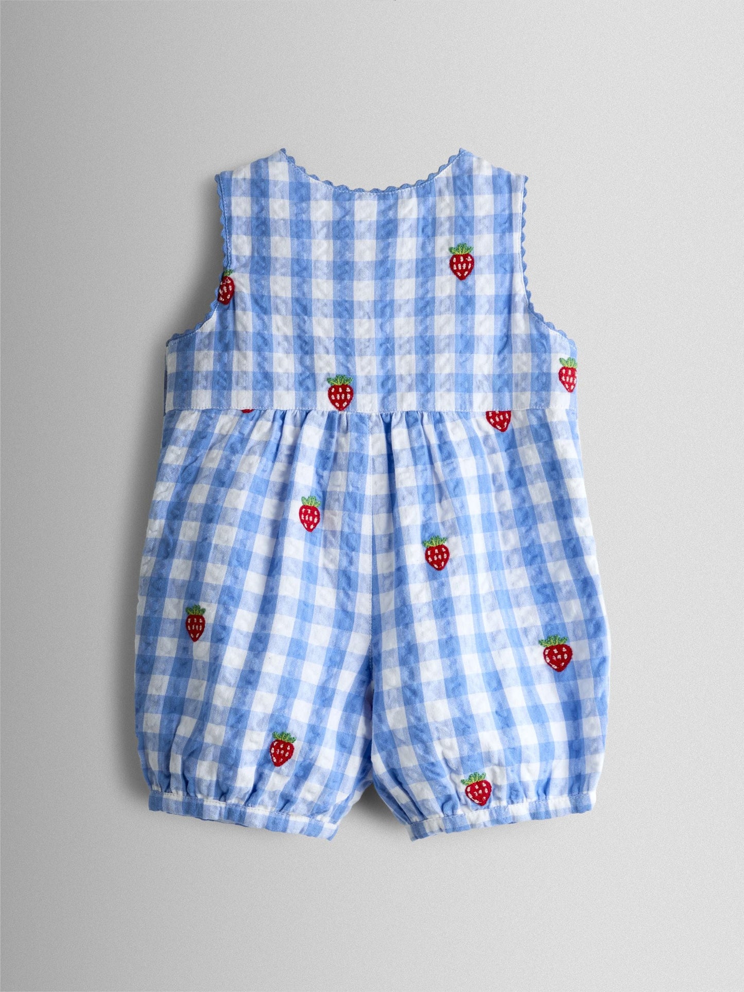 JoJo Maman Bébé Blue Strawberry Embroidered Seersucker Gingham Dungaree image 2