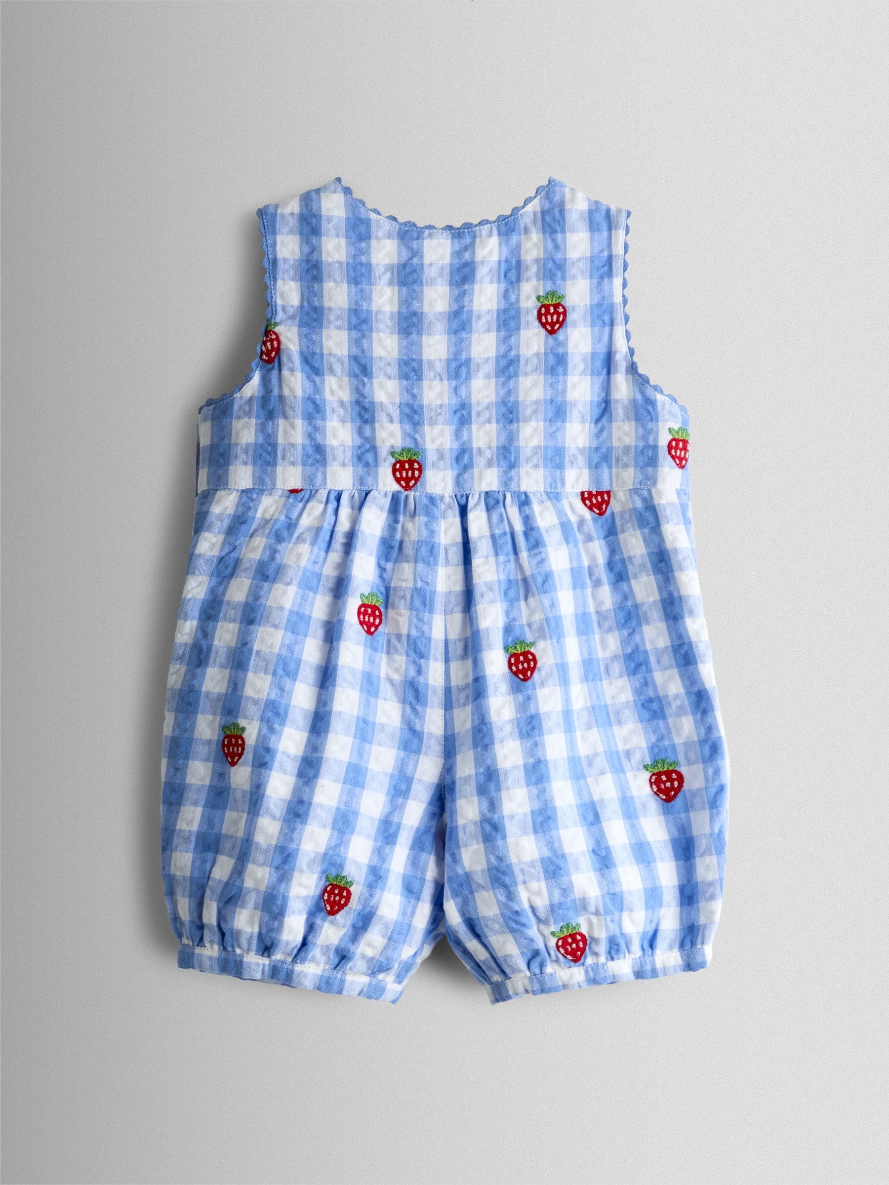 JoJo Maman Bébé Blue Strawberry Embroidered Seersucker Gingham Dungaree image 2