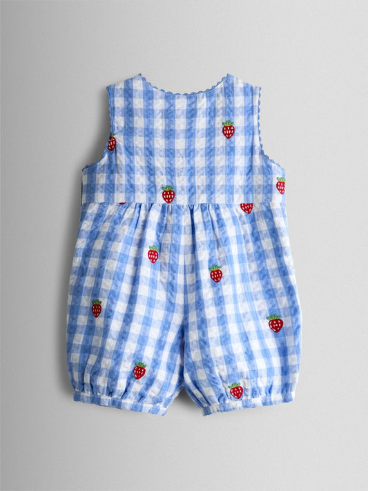 JoJo Maman Bébé Blue Strawberry Embroidered Seersucker Gingham Dungaree image 2